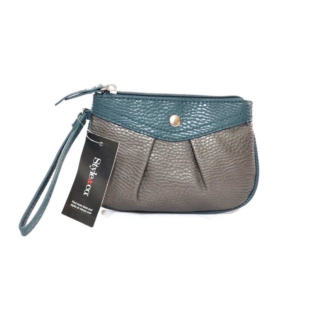 Style & Co Womens Hannah Teal Gray Faux Leather Colorblock Coin Purse Wristlet